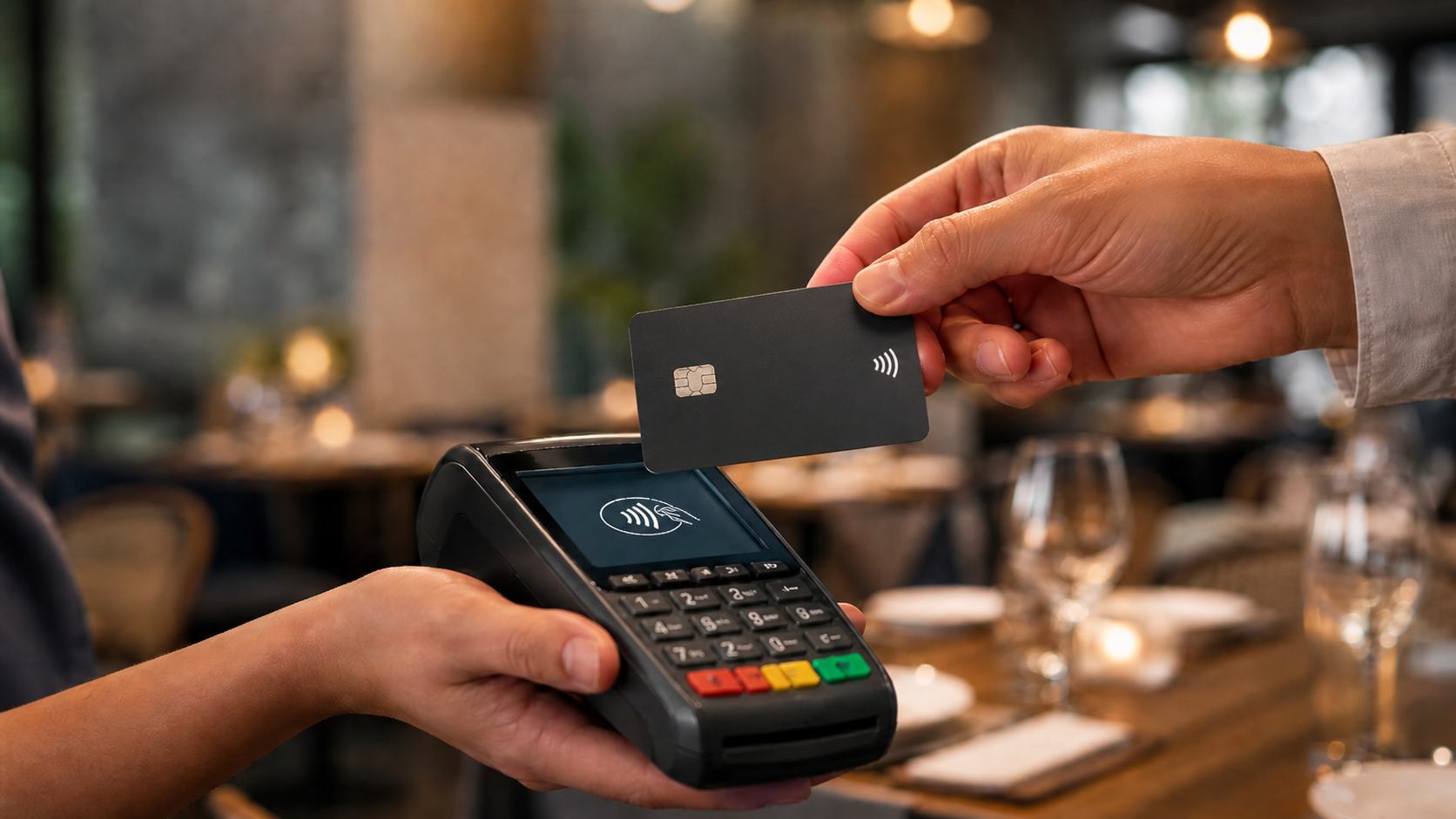 Customer paying by card with a payment terminal